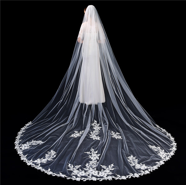 Luxury Long Cathedral Veil Ivory Lace Appliques 3m 5m Custom Made Bridal Veil Decorations One Layers veu de noiva catedral