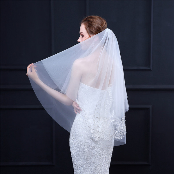 Newest Short Simple Wedding Veil with comb Bridal Veil for Wedding White Ivory two Layers Bridal Veils with lace appliques