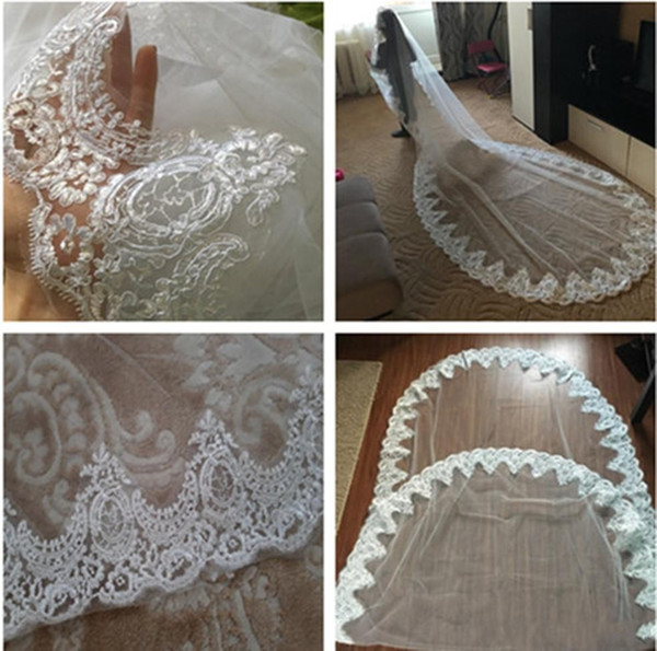 New Cheap Long Chapel Train Lace Bridal Veils Applique Edge Singer Layer With Comb Wedding Accessories CPA068