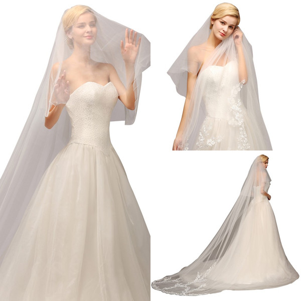 New In Stock Wedding Veils Lace Luxury 3 Meter Bridal Veils Appliques Lace Edge White Two Layers Long Wedding Veil Fast CPA886