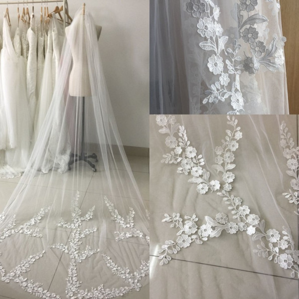 Real picture 3 Meters One Layer Lace Long Elegant Wedding Bridal Veils With Comb Veu de Noiva Applique Edge Wedding Veils CPA886