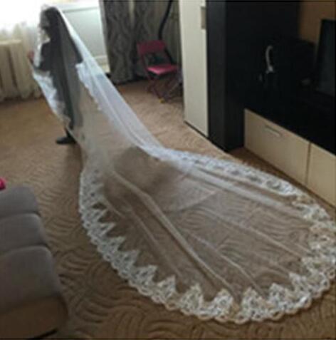 Elegant Zuhair Murad 2 Tiers Long 3 M *1.5 M Cathedral Lace Edge Bridal Wedding Veil CPA068