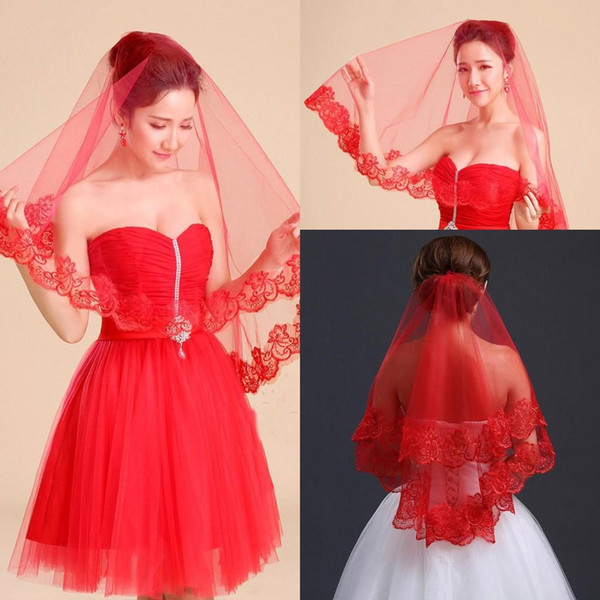 Wholesale Short White Ivory Red Bridal Veils One Layer Tulle Lace In Stock Wedding Veil Accessories Free CPA399