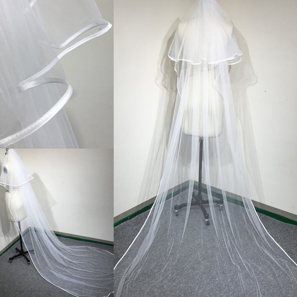 Modest Ribbon Edge Long Bridal Veils with Comb White/ Ivory Romantic Wedding Veil Cheap Long Muslim Veils CPA911