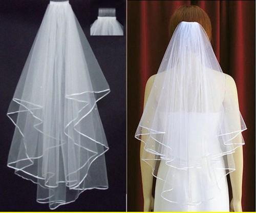 White Ivory Bridal Veils 2 Layers With Comb Pearls Ribbon Edge Tulle Veil for Church Wedding Bride In Stock