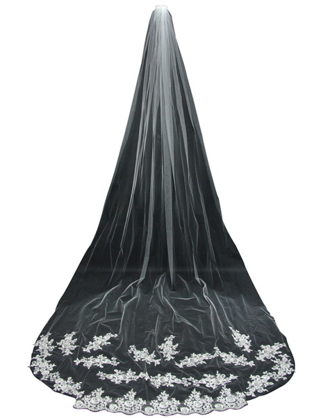 Cheap In Stock 11041 1T 3m The cathedral long bridal veil lace applique Simple Bridal Veils with comb