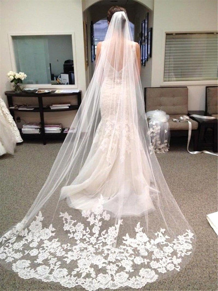 Luxury Real Image Wedding Veils Three Meters Long Veils Lace Applique Crystals Cathedral Length Cheap Bridal Veil CPA219