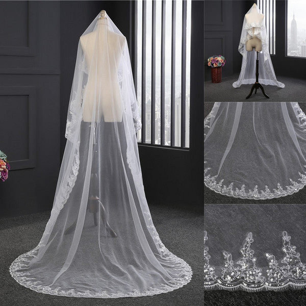 Gorgeous Long White/ Ivory Bridal Veils Formal Church Wedding Lace Veil Appliques Beading Cheap Muslim Appliqued Edge Veil For Brides CPA889