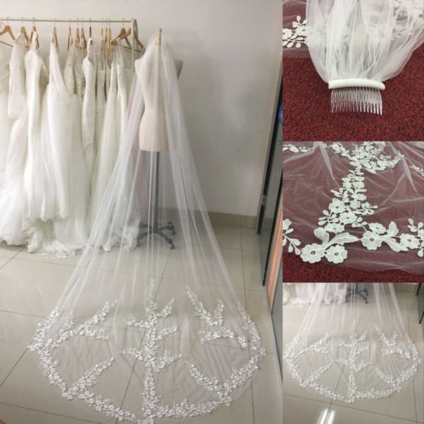 Real picture 3 meters One Tiered Lace Long Elegant Wedding Bridal Veil With Comb Veu de Noiva Edge Wedding Veils CPA886