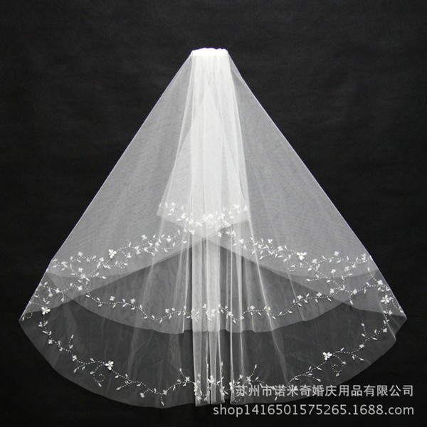 Hot selling Wedding Veils Two Layers Sequins Beaded Edge Gorgeous Elbow Length Cheap Bridal Veil