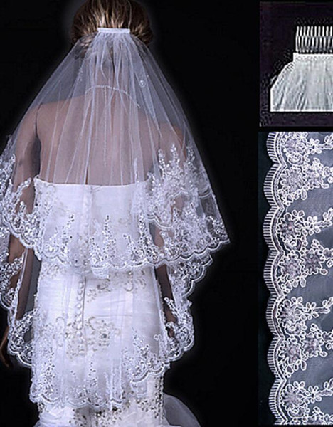 Fingertip Veils With Beaded Lace Appliques 2 Tiers Custom Made Cheap Short Wedding Veils White Ivory