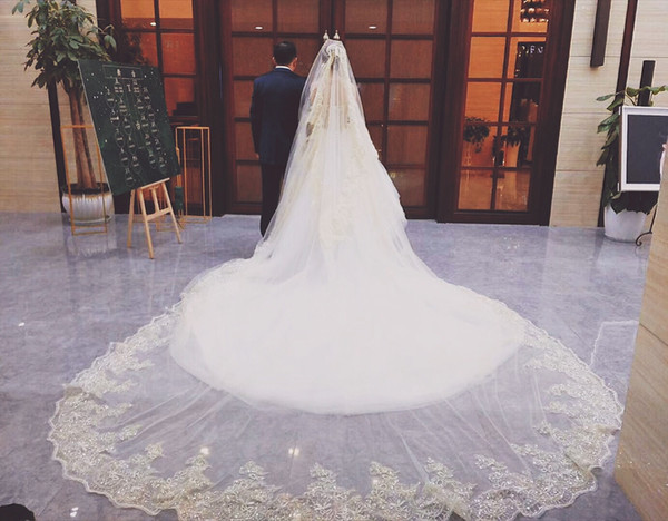 4M Long Wedding Veils Soft Tulle Two Layers Lace Applique Bead Bridal Veils Custom Made Luxury Veil For Wedding Dress