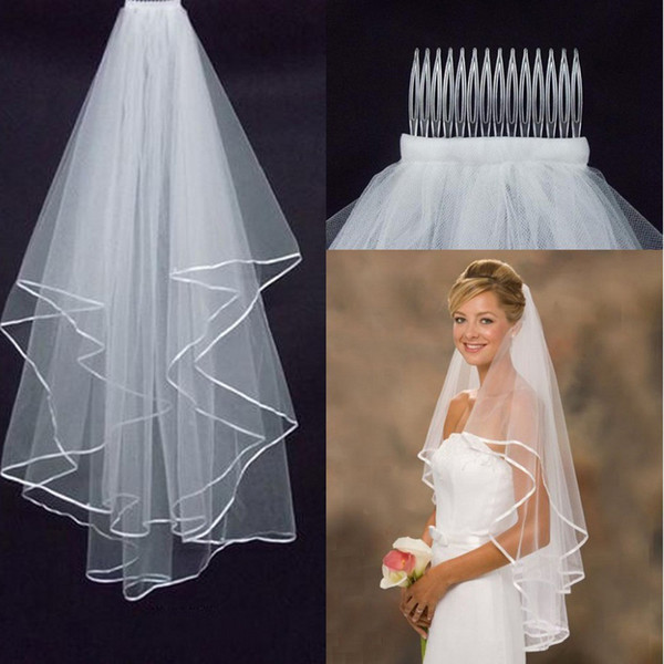 Hot Sale White/Ivory Tulle Satin Edge Wedding Veils with 2-Layer Bridal Veil with Comb Women Wedding Accessories