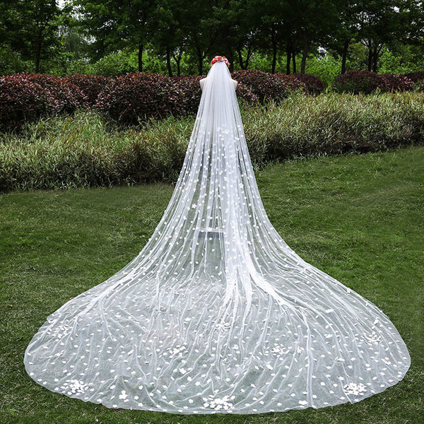 3m Long wedding veil with comb 2018 Bridal veils soft tulle with applique