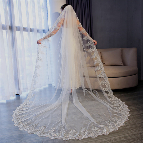 Top Quality 3m Long Wedding veils 2018White,Ivory Bridal veils Soft tulle with Floral Applique Wedding accessories New Arrival Free Shipping