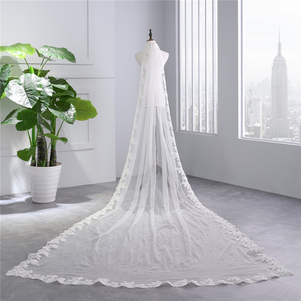 2018 New High Quality Long White Ivory Wedding Veil Appliques Lace Beaded Bridal Veils Bride Wedding Accessories For Wedding Dresses QC1196