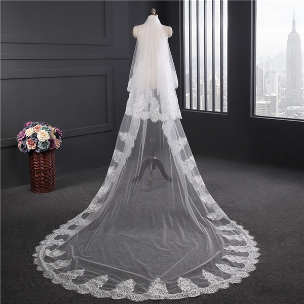 2018 New High Quality Long White Ivory Wedding Veil Appliques Lace Beaded Bridal Veils Bride Wedding Accessories For Wedding Dresses QC1213