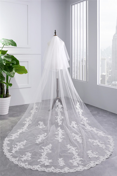 2018 New High Quality Long White Ivory Wedding Veil Appliques Lace Beaded Bridal Veils Bride Wedding Accessories For Wedding Dresses QC1209