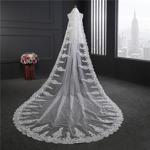 New High Quality Long White Ivory Wedding Veil Appliques Lace Beaded Bridal Veils Bride Wedding Accessories For Wedding Dresses QC1217