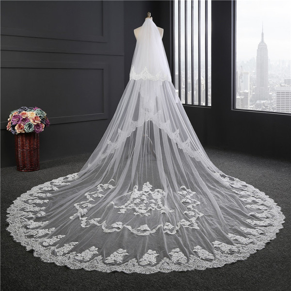 New High Quality Long White Ivory Wedding Veil Appliques Lace Beaded Bridal Veils Bride Wedding Accessories For Wedding Dresses QC1216