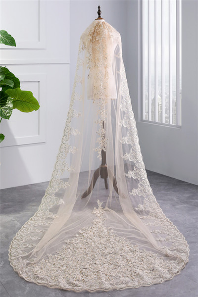 2018 High Quality Champagne White Ivory Wedding Veil Appliques Lace Beaded Bridal Veils Bride Wedding Accessories For Wedding Dresses QC1182