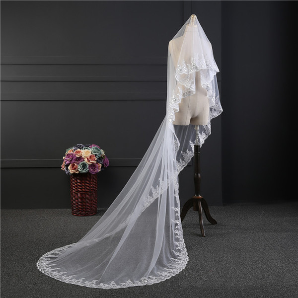 2018 High Quality White Ivory Wedding Veil Appliques Lace Beaded Bridal Veils Bride Wedding Accessories For Wedding Dresses QC1177