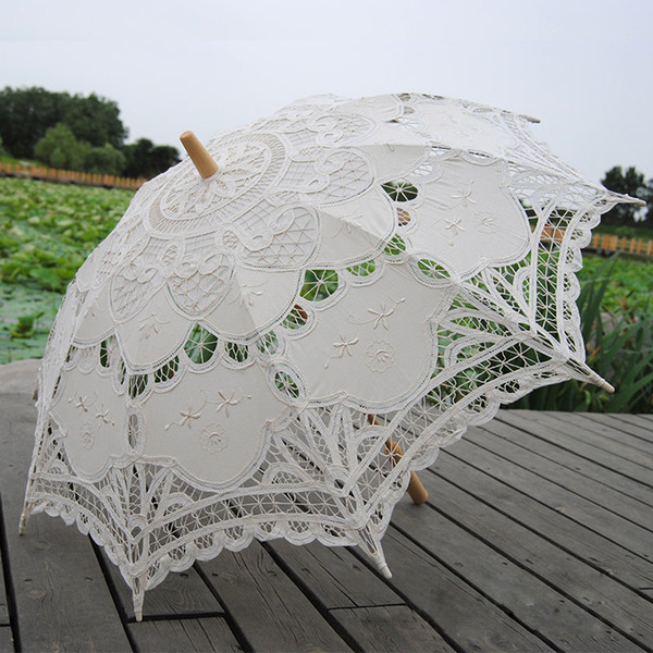 68cm Long handle Handmade Art wedding Scallop Edge Embroidery Pure Cotton Lace Wedding Umbrella parasol Romantic Bridal photograph