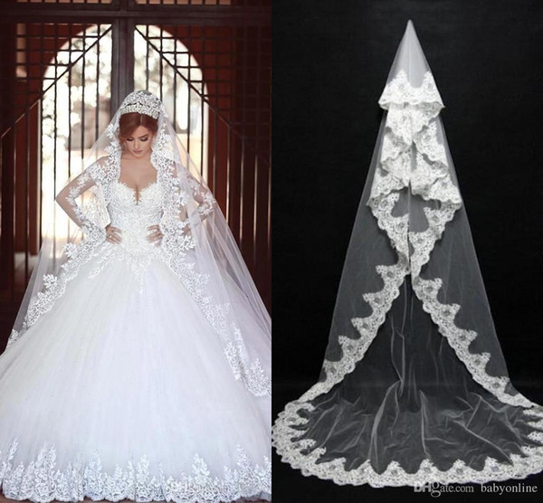 2022Cheap In Stock Long Bridal Veils Lace Bridal Wedding Accessories Long Appliques Edged Cathedral Formal Wedding Veils