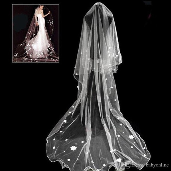 Fast Shipping Romantic 3-Meters Long White Cathedral Wedding Veil 1 Layer Tulle with Appliques Cheap Bridal Hair Accessories CPA909