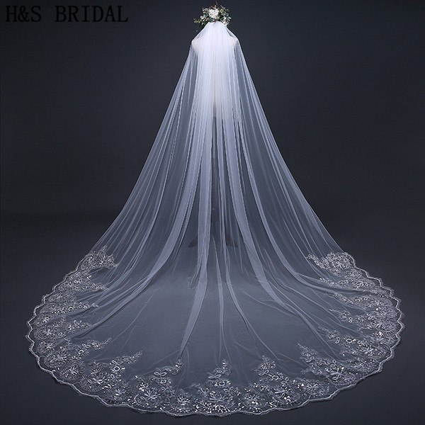 Crystals Wedding veils beaded long 1 layer cathedral lace edge bridal veils 2022new designer 3m 4m veils wedding accessories