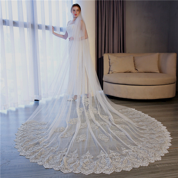 Long wedding veils 3.5m cathedral length lace veil new cheap fast shipping real bridal veils