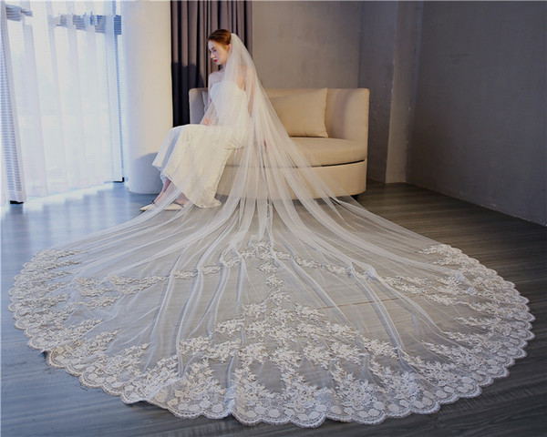 3m Length Romantic Lace appliques long Veil White Bridal Veils Luxury lace High Quality Wedding Veils