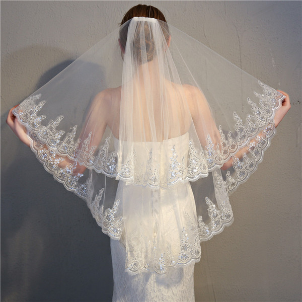 Short veils beautiful fingertip tulle lace edge wedding veils beaded ivory white custom made 2 layers girls bridal veil