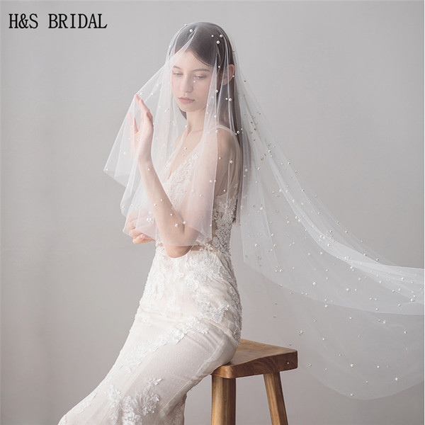 Elbow Length simple Lace Edge long White Bridal Veils Luxury Applique custom made Wedding Veils with pearl