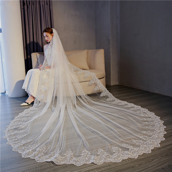 3m Length Romantic Lace Edge long wedding Veil White Bridal Veils Luxury Applique custom made Wedding Veils