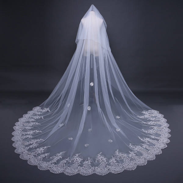 Cathedral veils long lace edge appliques with sequin bridal veils girls beauty cheap drop wedding veils