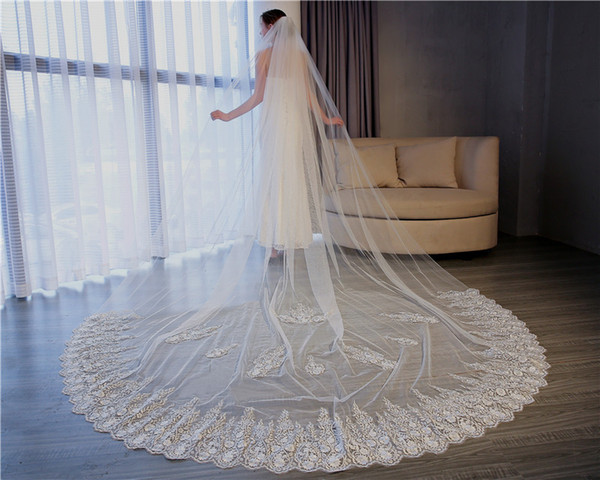 Lace Veils cathedral length lace wedding veil discount ivory tulle flowers real bridal veil wedding accessories