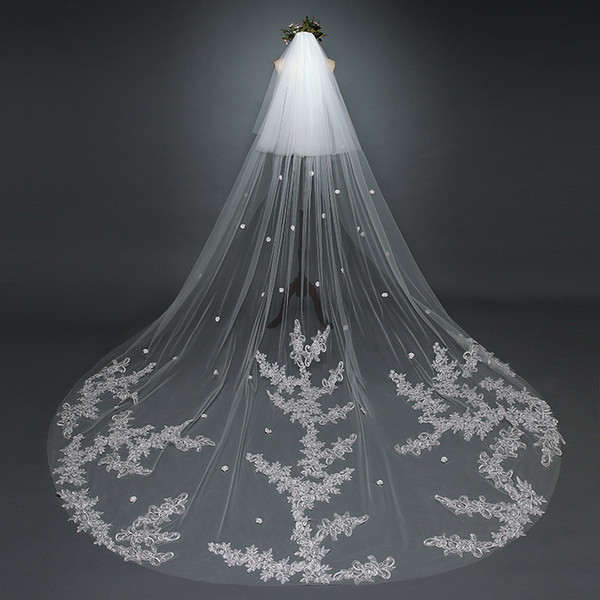 3M Beautiful Wedding Veils 2 layers custom made 5m 7m appliques cathedral length satin flowers bridal veils