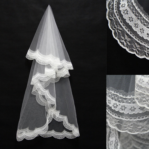 11043 - Cheap White Ivory Bridal Tulle Veils no Comb Lace 2 Layer Beautiful Veil for Wedding Bride 80cm Engagement Accessories