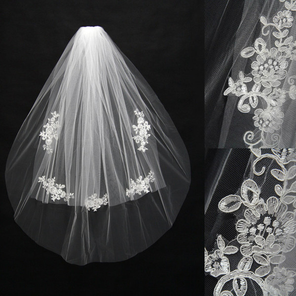 11042 - Cheap Ivory Bridal Tulle Veils with Comb Lace 2 Layer Beautiful Veil for Wedding Bride 80cm Engagement Accessories