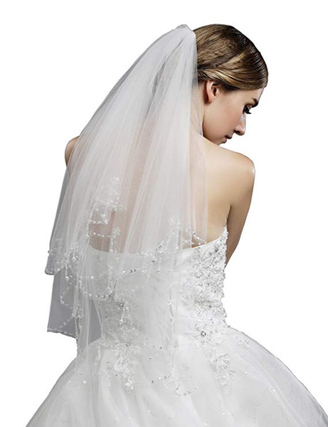 Cheap In Stock Women's 2-Tier Tulle Beaded Edge Bridal Veil for Wedding Dress 11053