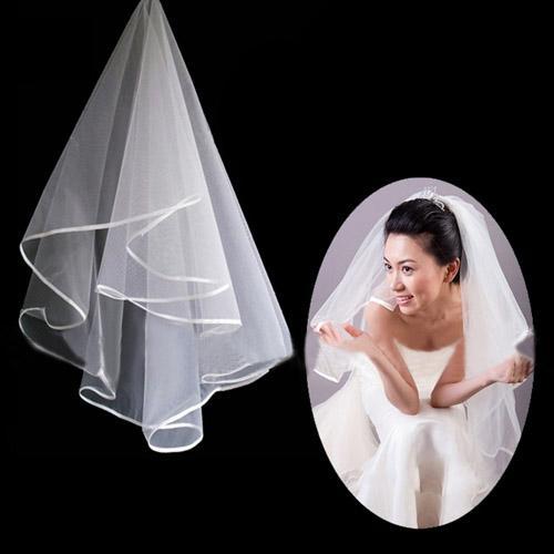 Cheap White Ivory Two Layer Bridal Veils With Ribbon Edge Wedding Veils 11002