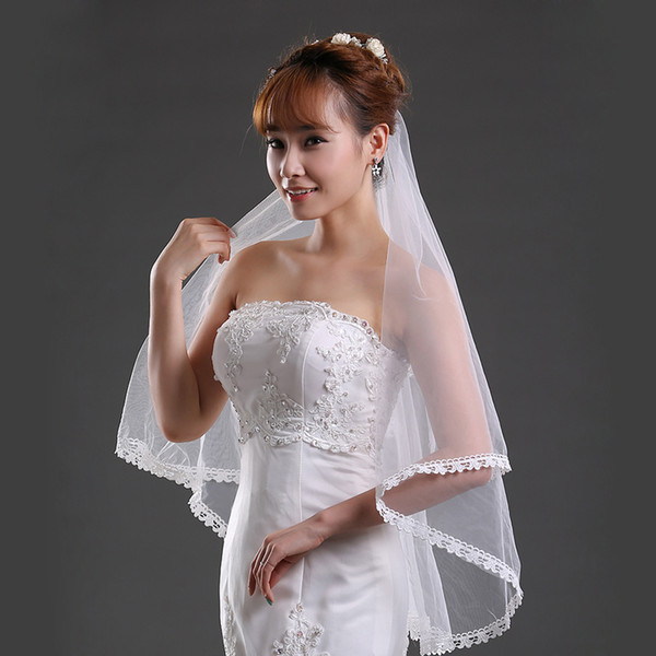 11034 - Cheap Ivory Bridal Tulle Veils no Comb Lace Applique 1 Layer Beautiful Veil for Wedding Bride 1.5m Length Engagement Accessories