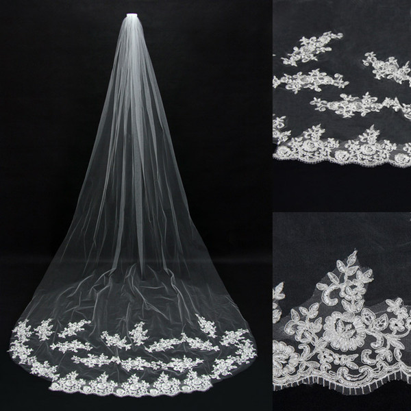 11041 - Cheap White Ivory Bridal Tulle Veils no Comb Lace 1 Layer Cathedral Beautiful Veil for Wedding Bride 3m Engagement Accessories