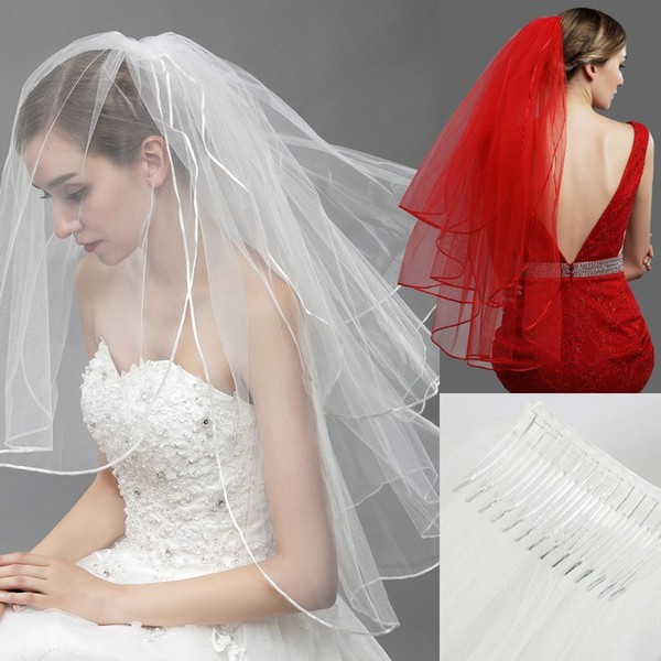 11054 - Cheap Red Black Ivory White Bridal Tulle Veils with Comb 3 Layer Beautiful Veil for Wedding Bride 50/65/85cm Engagement Accessories