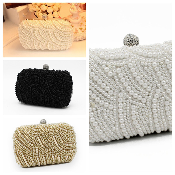 Elegant Full Pearls Crystal Beaded White Bridal Wedding Hand Bags Evening Party One Shoulder Small Clutch Dinner Bags Champagne For Ladies