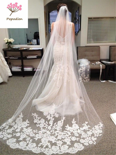 Lace wedding long veil white 3 meters wedding veil with comb bridal veils mesh veils for bride WAS10048