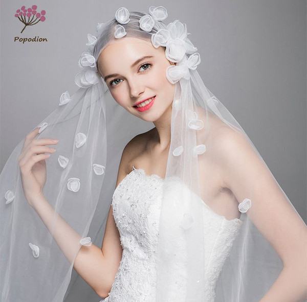 Popodion handwork long flower petals wedding veil ivory elegant wedding tulle veils for wedding dress dhWAS10007