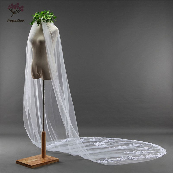 Popodion 3 meter long wedding veil white lace appliques wedding veil bridal veils mesh veils for bride with comb dhWAS10013