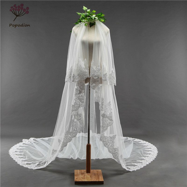 Popodion 3.5 meter long wedding veil white lace appliques 2 layers wedding veil bridal veils mesh veils for bride with comb dhWAS10012